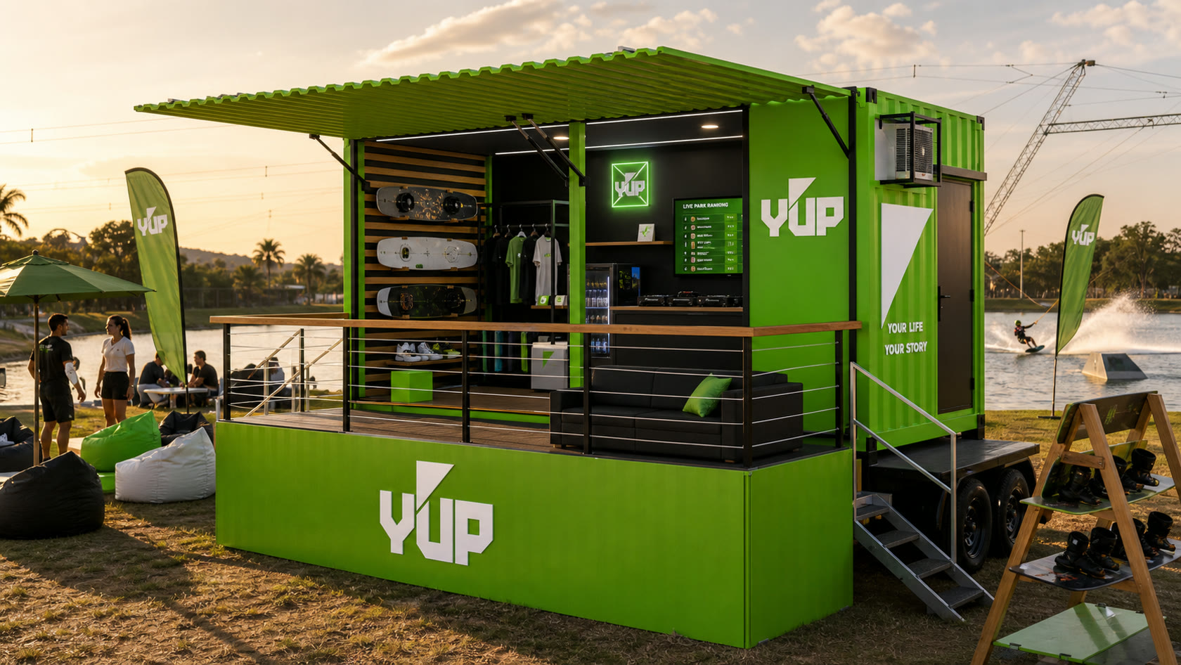 Brandtruck da Y'UP montado à beira de um cable park, com deck, lounge, loja e telão de ranking